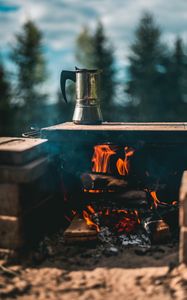 Preview wallpaper kettle, campfire, hiking, camping