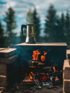 Preview wallpaper kettle, campfire, hiking, camping