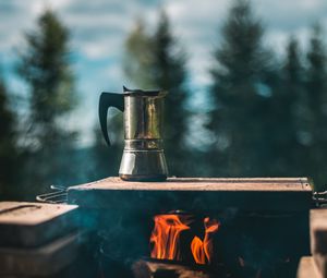 Preview wallpaper kettle, campfire, hiking, camping