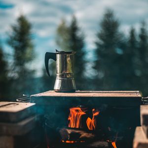 Preview wallpaper kettle, campfire, hiking, camping