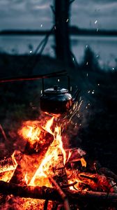 Preview wallpaper kettle, campfire, hiking, tourism, night