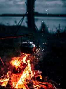 Preview wallpaper kettle, campfire, hiking, tourism, night