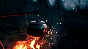 Preview wallpaper kettle, campfire, hiking, tourism, night