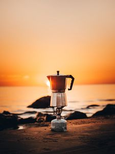 Preview wallpaper kettle, hike, camping, sunset, rocks