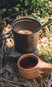 Preview wallpaper kettle, mug, drink, camping, aesthetics