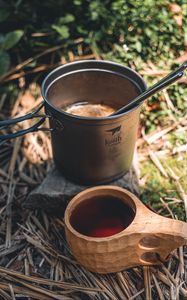 Preview wallpaper kettle, mug, drink, camping, aesthetics