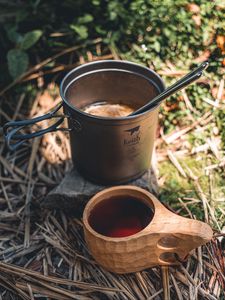 Preview wallpaper kettle, mug, drink, camping, aesthetics