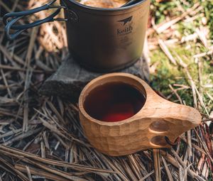 Preview wallpaper kettle, mug, drink, camping, aesthetics