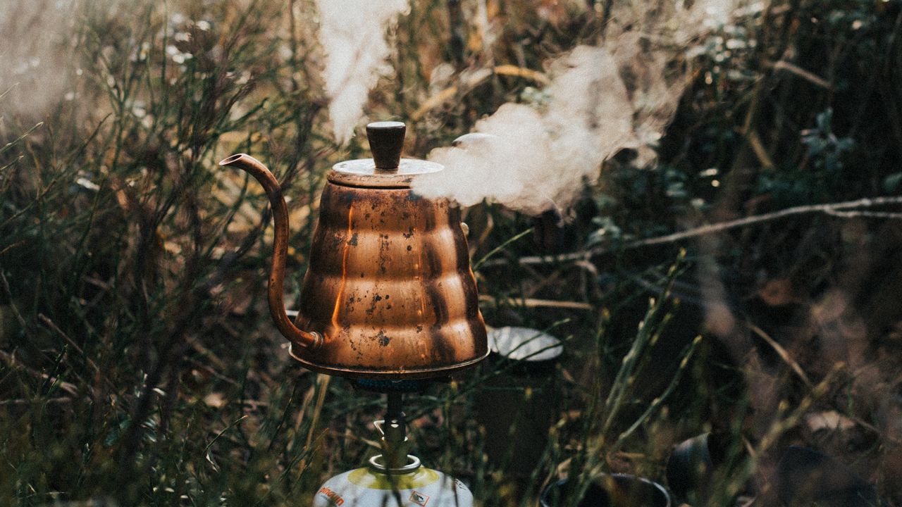 Wallpaper kettle, steam, grass, camping, nature