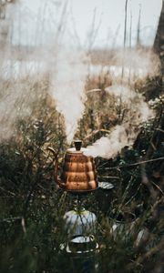 Preview wallpaper kettle, steam, grass, camping, nature