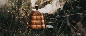 Preview wallpaper kettle, steam, grass, camping, nature