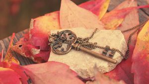 Preview wallpaper key, metal, leaves, autumn, red, chain, stone, board