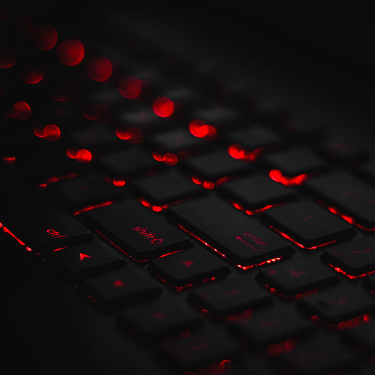 1280x1280 Wallpaper keyboard, backlight, red, glare, bokeh