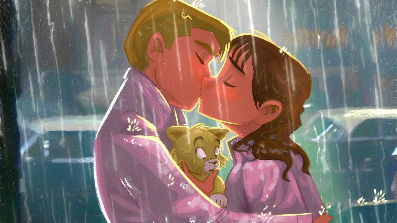 Wallpaper kiss, couple, art, love, kitten, rain