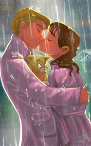 Preview wallpaper kiss, couple, art, love, kitten, rain