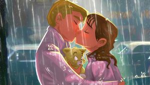 Preview wallpaper kiss, couple, art, love, kitten, rain