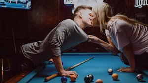 Preview wallpaper kiss, love, billiards, couple, tenderness