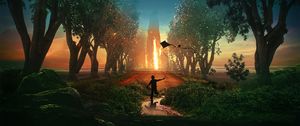 Preview wallpaper kite, child, silhouette, art, trees, night