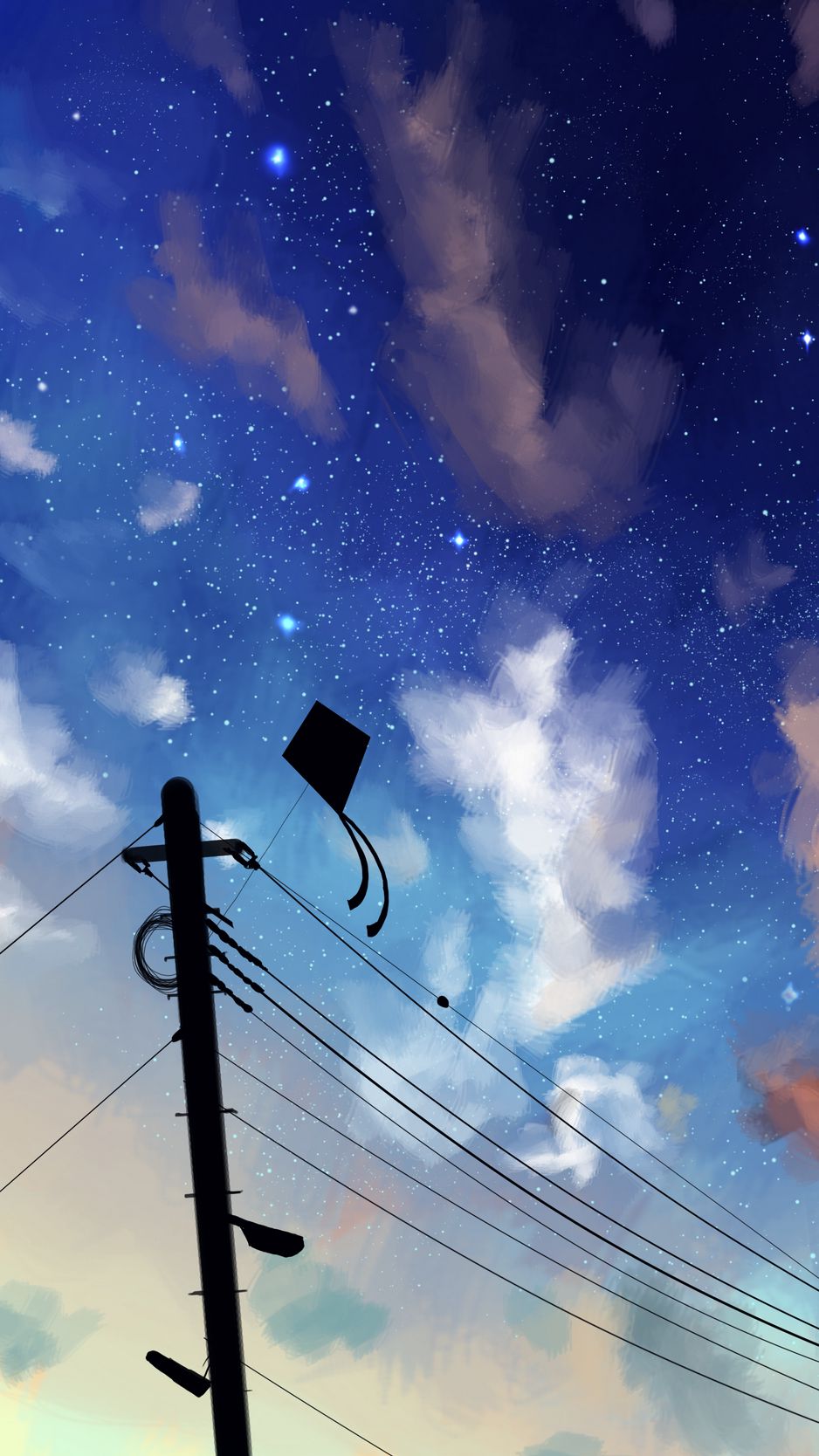 Download wallpaper 938x1668 kite, wires, night, sky, clouds iphone 8/7/6s/6  for parallax hd background