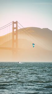 Preview wallpaper kitesurfing, parachute, water, bridge, fog