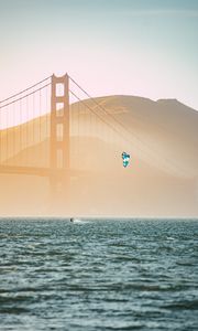 Preview wallpaper kitesurfing, parachute, water, bridge, fog