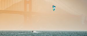 Preview wallpaper kitesurfing, parachute, water, bridge, fog