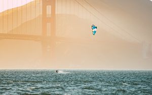 Preview wallpaper kitesurfing, parachute, water, bridge, fog