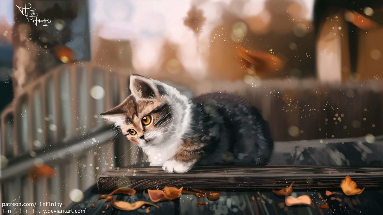 Wallpaper kitten, cat, leaves, autumn, art