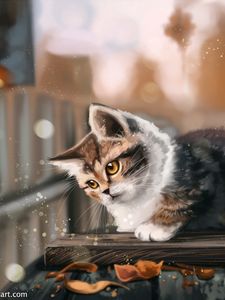 Preview wallpaper kitten, cat, leaves, autumn, art