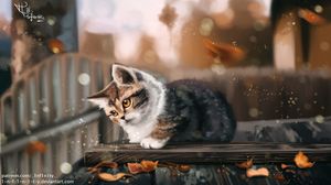 Preview wallpaper kitten, cat, leaves, autumn, art