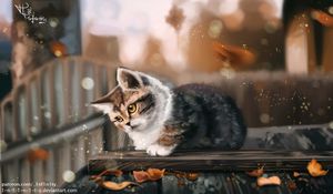 Preview wallpaper kitten, cat, leaves, autumn, art