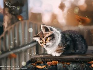 Preview wallpaper kitten, cat, leaves, autumn, art