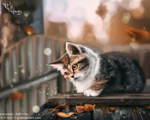 Preview wallpaper kitten, cat, leaves, autumn, art