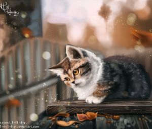 Preview wallpaper kitten, cat, leaves, autumn, art