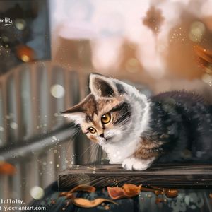 Preview wallpaper kitten, cat, leaves, autumn, art