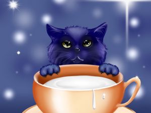 Preview wallpaper kitten, milk, cup, art, cute