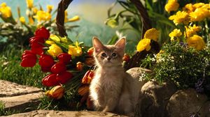 Preview wallpaper kitten, sitting, grass, tulips, flowers, shade