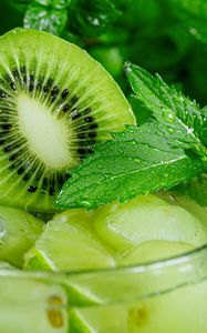 Preview wallpaper kiwi, mint, fruit, drink, glass, drops