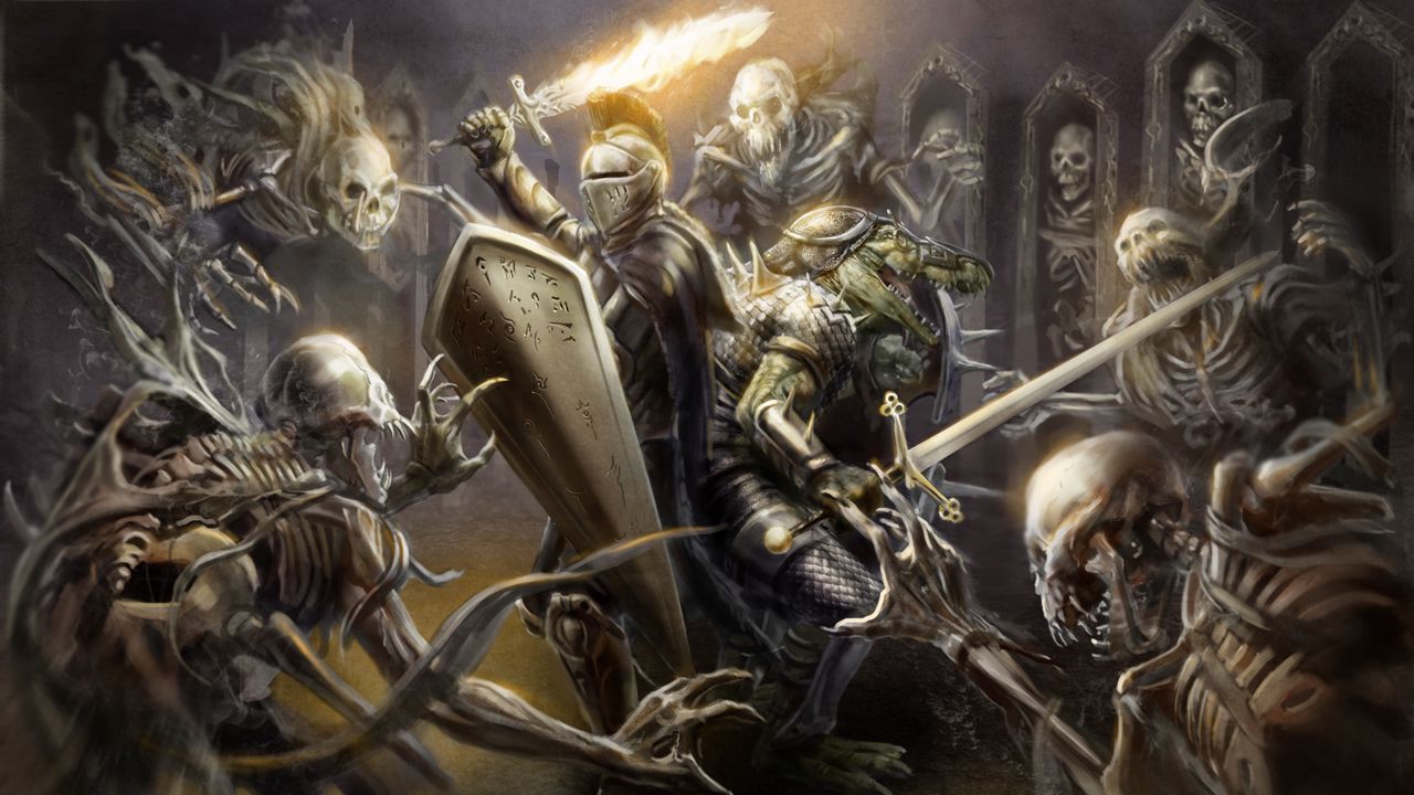 Wallpaper knight, armor, helmet, weapon, sword, fire, shield, crocodile skeletons, art