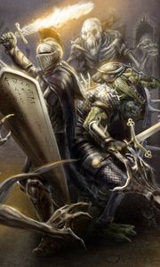 Preview wallpaper knight, armor, helmet, weapon, sword, fire, shield, crocodile skeletons, art