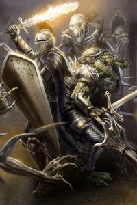 Preview wallpaper knight, armor, helmet, weapon, sword, fire, shield, crocodile skeletons, art