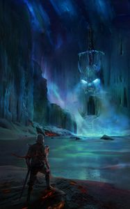 Preview wallpaper knight, lake, cave, castle, scary, fantasy, art