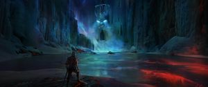 Preview wallpaper knight, lake, cave, castle, scary, fantasy, art