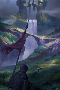 Preview wallpaper knight, warrior, hills, waterfall, middle ages, fantasy, art
