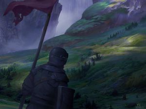 Preview wallpaper knight, warrior, hills, waterfall, middle ages, fantasy, art