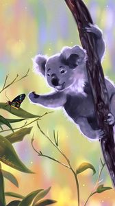 Preview wallpaper koala, butterfly, touch, branches, art