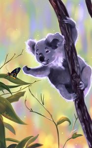 Preview wallpaper koala, butterfly, touch, branches, art