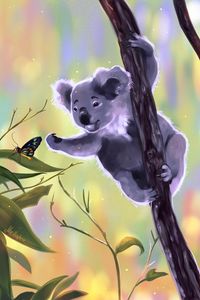 Preview wallpaper koala, butterfly, touch, branches, art