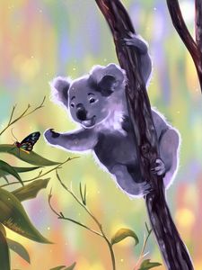 Preview wallpaper koala, butterfly, touch, branches, art