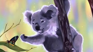 Preview wallpaper koala, butterfly, touch, branches, art